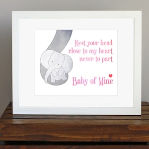 Baby Girl Pink Nursery Art Print - Disney - Baby Mine, Dumbo lyrics - baby elephant, baby shower gift, new mom gift, girly room - 8 x 10
