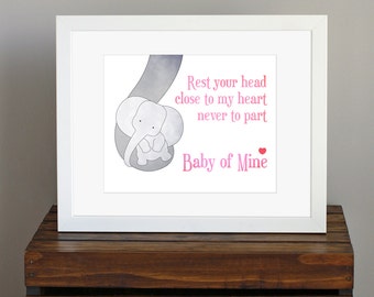 Baby Girl Pink Nursery Art Print - Disney - Baby Mine, Dumbo lyrics - baby elephant, baby shower gift, new mom gift, girly room - 8 x 10