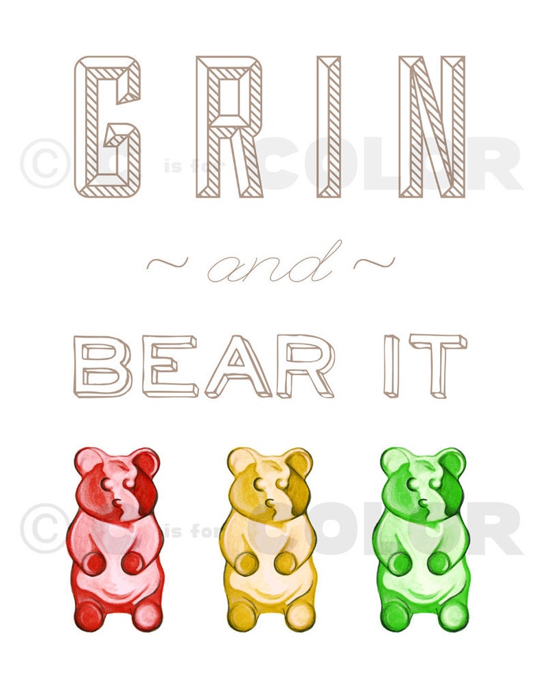 Gummy Bear Typography Art Print Grin and Bear It candy, fun home decor, kitchen print, inspirational saying, bright colors 8 x 10 image 2