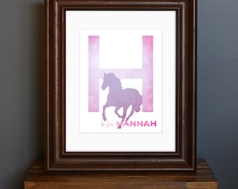Personalized Child's Name Art Print, with Initial and Animal - Pink Color Scheme - girl's room / nursery art, baby shower gift - 8 x 10