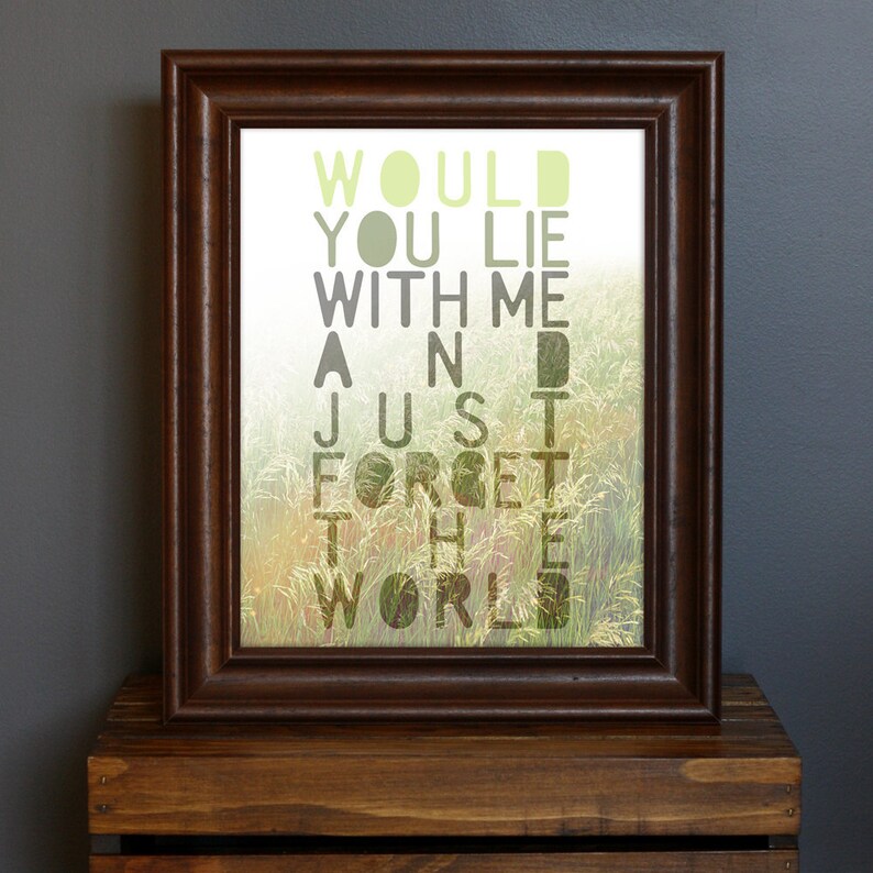 Romantic and Hazy Art Print Just Forget The World Snow Patrol lyric love gift, daydream, dreamy, nature green, gray 8 x 10 image 1