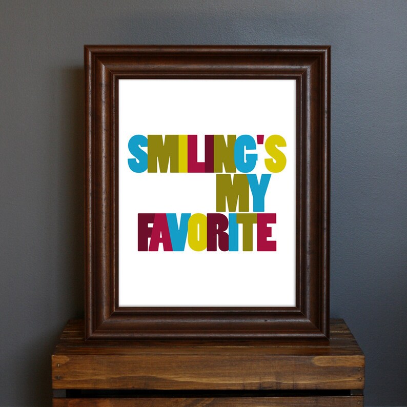 Typography Art Print Smiling's My Favorite funny, humorous Elf movie quote Christmas, holiday decor green, blue, red 8 x 10 image 1