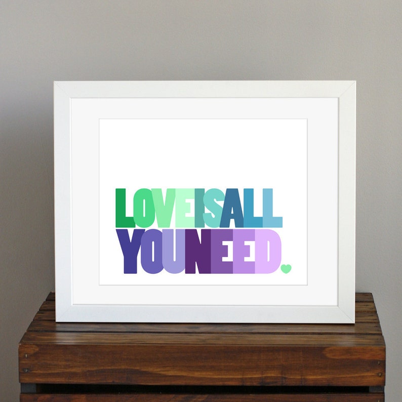 Inspirational Love Is All You Need Typography Art Print in green, blue, purple home decor, wedding gift 8 x 10 image 1