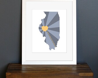 Impresión artística de State of Love, Illinois: "El hogar está dondequiera que esté contigo", cita: regalo o decoración del hogar, azul y amarillo dorado, 8 x 10