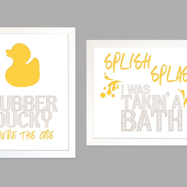 Set of Two Bath Time Typography Art Prints - Rubber Ducky and Splish Splash in yellow and gray-brown - 8 x 10s