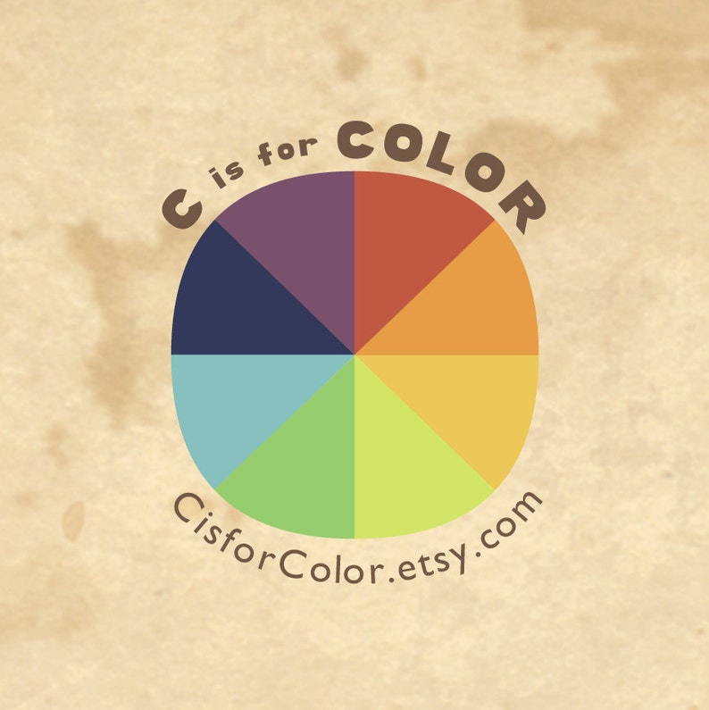 Puede incluir: Una rueda de colores con la letra C y las palabras "is for COLOR" alrededor. El sitio web "CisforColor.etsy.com" est&aacute; debajo de la rueda.