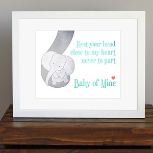 Baby Elephant Sweet Nursery Decor aqua and gray colors Baby Mine, Dumbo lyrics, Disney jungle nursery decor, baby shower gift 8 x 10 image 1