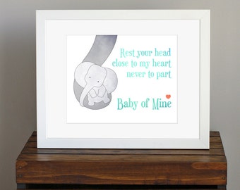 Baby Elephant Sweet Nursery Decor - aqua and gray colors - Baby Mine, Dumbo lyrics, Disney - jungle nursery decor, baby shower gift - 8 x 10
