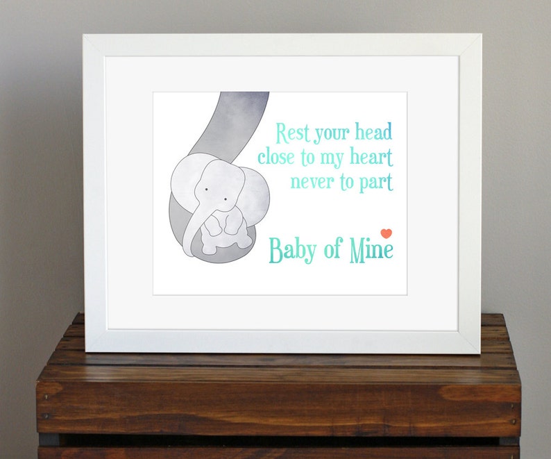 Baby Elephant Sweet Nursery Decor aqua and gray colors Baby Mine, Dumbo lyrics, Disney jungle nursery decor, baby shower gift 8 x 10 image 1