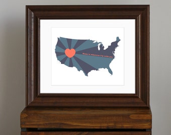 United States Art Print - Home is wherever I'm with you quote - heart - USA, America - navy blue, teal, coral - gift for a couple - 8 x 10