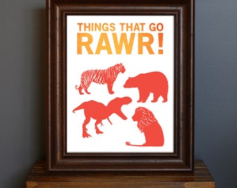 楽しい子供部屋用動物アートプリント - Things That Go Rawr - タイポグラフィ、モダンな子供部屋、男の子の部屋 - 動物のシルエット - 赤、オレンジ - 8 x 10