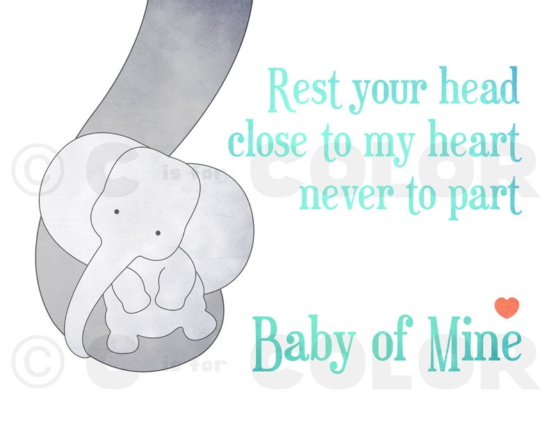 Baby Elephant Sweet Nursery Decor aqua and gray colors Baby Mine, Dumbo lyrics, Disney jungle nursery decor, baby shower gift 8 x 10 image 2