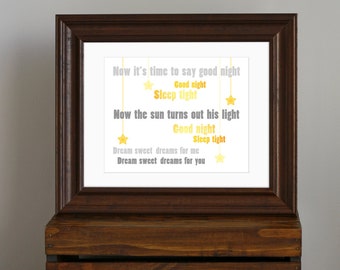 Sweet Beatles Nursery Art Print - yellow and gray nursery decor - Good Night lyrics, lullaby, dream, sleep, star - baby shower gift - 8 x 10