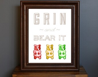 グミベアタイポグラフィアートプリント - Grin and Bear It - キャンディー、楽しいホームデコレーション、キッチンプリント、インスピレーションを与える言葉、明るい色 - 8 x 10