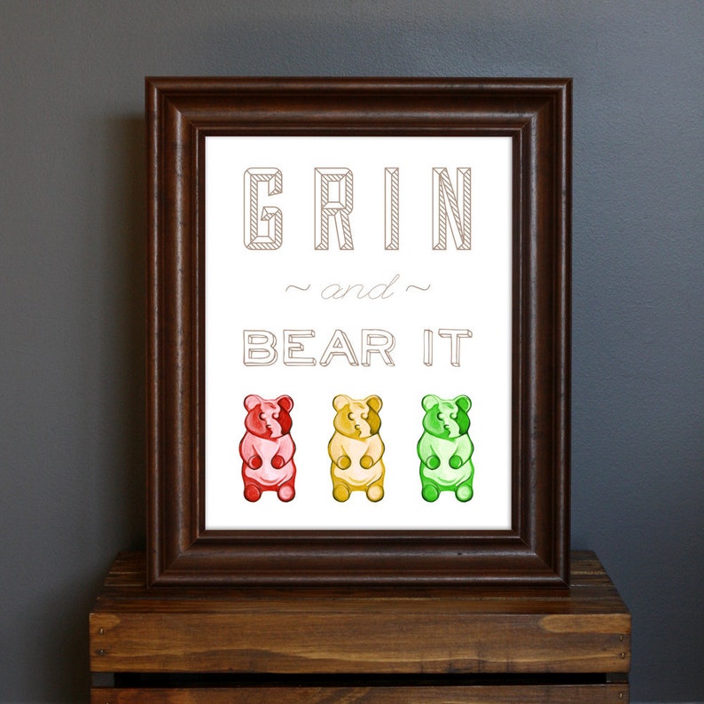 Gummy Bear Typography Art Print Grin and Bear It candy, fun home decor, kitchen print, inspirational saying, bright colors 8 x 10 image 1
