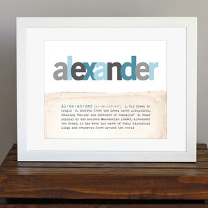 Baby Name Meaning Custom Art Print - unique baby shower gift, baby boy wall art, child&#39;s name, blue and gray - mom to be gift - 8 x 10
