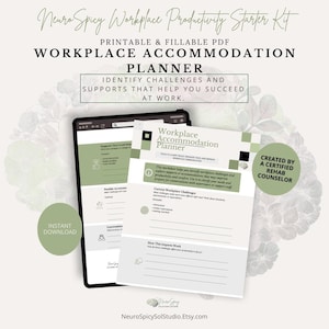 May include: A digital workplace accommodation planner with the text "Workplace Accommodation Planner" and "Identify Challenges and Supports That Help You Succeed at Work." The planner is a printable PDF and includes the text "Instant Download."