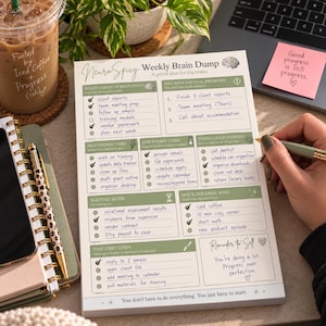 May include: A rectangular paper planner titled Neuro Spicy Weekly Brain Dump with sage green headers and sections for priorities, tasks, and reminders. The page features handwritten lists with checkmarks, organized into categories like High Energy Tasks, Waiting Mode, and Quick Dopamine Wins, printed on white paper.
