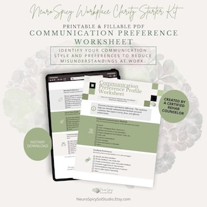 May include: A printable and fillable PDF communication preference worksheet. The worksheet is designed to identify communication styles and preferences to reduce misunderstandings at work. The image includes a tablet and a printed worksheet.