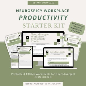 May include: A digital productivity starter kit for neurodivergent professionals. The image shows a tablet, phone, and laptop displaying worksheets, along with printed worksheets. The text includes "Neurospicy Workplace Productivity Starter Kit" and "Instant Download."