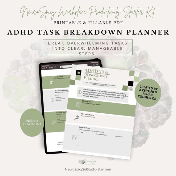 ADHD Task Breakdown Worksheet | Executive Function Planner | Overwhelm to Action Tool | Neurodivergent Productivity Printable PDF