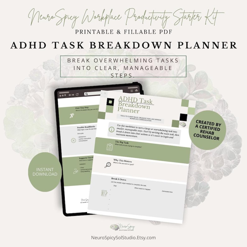 ADHD Task Breakdown Planner | Executive Function, Overwhelm to Action (PDF)