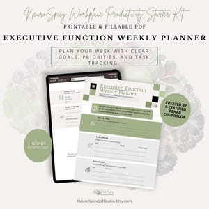 May include: A digital Executive Function Weekly Planner with a green and white design, displayed on a tablet and a printed sheet. The planner includes sections for goals, task planning, and focus blocks. Text includes "NeuroSpicy Workplace Productivity Starter Kit" and "Instant Download."