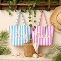 Personalized Name Tote Bag Striped Canvas, Bag Custom Text, Tote Aesthetic,Beach Bag, Bridesmaid Gift, Reusable Shopper Future Bride Gift