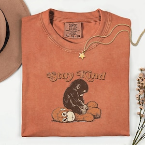 May include: An orange Comfort Colors t-shirt with the text "Stay Kind" and a graphic of a monkey hugging a teddy bear. A gold star pendant necklace is draped across the shirt. A brown hat is in the upper left corner.