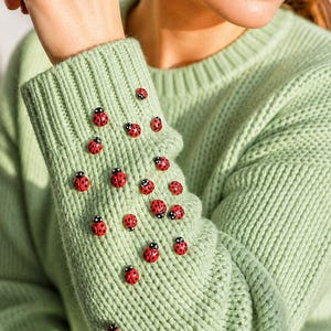 Könnte beinhalten: Ein hellgrüner Strickpullover mit zahlreichen roten und schwarzen Marienkäferverzierungen am Ärmel. Die Marienkäfer sind gleichmäßig über dem strukturierten Stoff verteilt und schaffen ein skurriles, von der Natur inspiriertes Design.