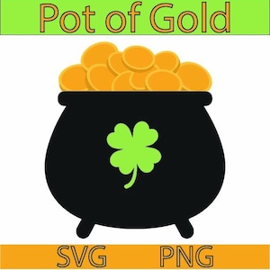 以下が含まれることがあります： 金貨で満たされた黒い鍋のイラスト。緑のクローバーが描かれています。「Pot of Gold」の文字が上に、SVGとPNGの文字が下にあり、すべて漫画風のデザインです。