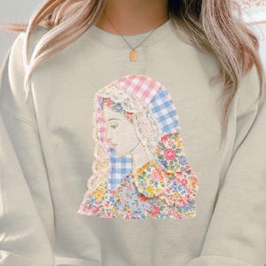 Virgin Mary Sublimation, Catholic Shabby Chic, Patchwork Mother Mary, Floral Gingham DTF, Religious Clipart