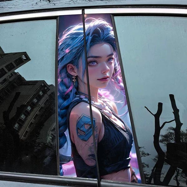 Jinx auto B-pijler sticker, League of Legends anime meisje bumpersticker, vinyl autoruit trim decor aangepaste anime auto accessoire cadeau voor gamers