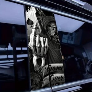 Décalcomanie de pilier B de voiture La Faucheuse, autocollant en vinyle Game Over Skull, garniture imperméable de colonne B de voiture gothique, cadeau accessoire de voiture de motard pour homme
