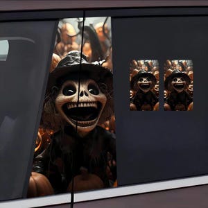 May include: A Halloween-themed image featuring a grinning, skeletal figure wearing a hat and dark clothing, surrounded by pumpkins. Two smaller images of the same figure are also present, creating a spooky and festive atmosphere.