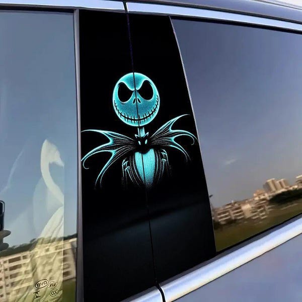 Sticker Jack Skellington, voiture B, bleu sarcelle | Sticker vitre auto gothique Halloween en vinyle imperméable