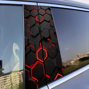 May include: Black car window pillar trim with a 3D honeycomb design. The trim features a repeating pattern of black hexagonal shapes with red glowing outlines, creating a modern, geometric aesthetic. The trim is installed on a car window.