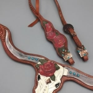 Cow Skull Tack Set turquoise leather, rose breastcollar, hand painted tack, painted skull bridle, parade horse tack, unique horse tack