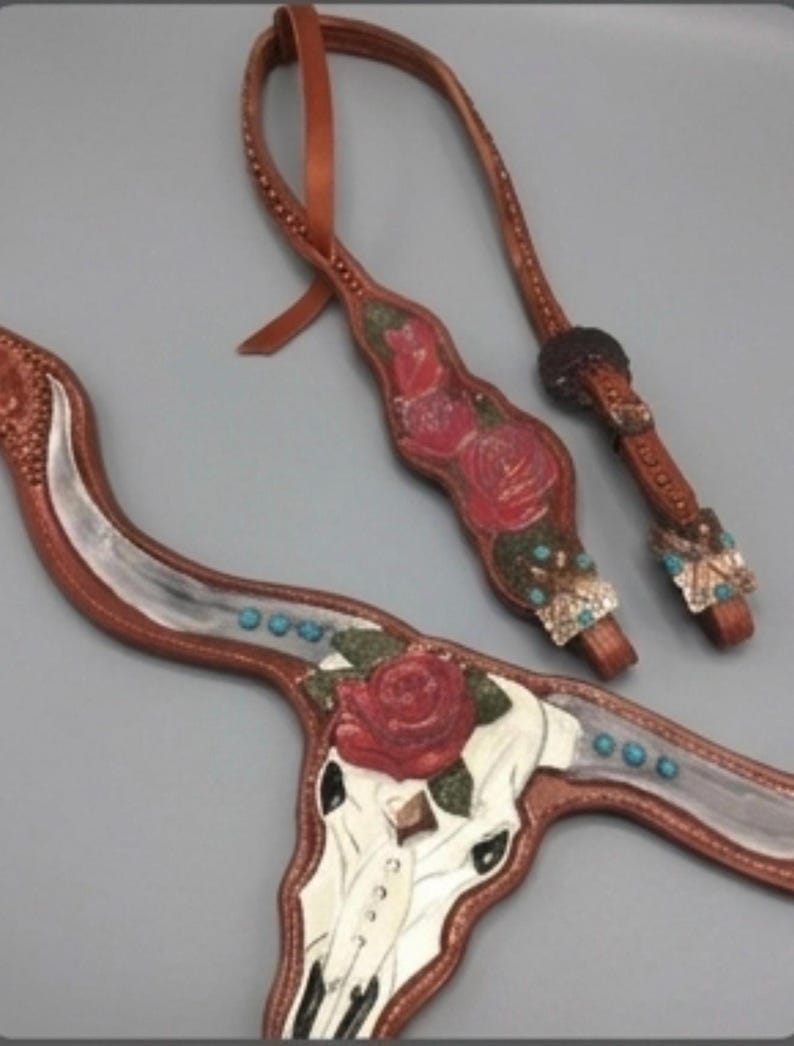 Cow Skull Tack Set turquoise leather, rose breastcollar, hand painted tack, painted skull bridle, parade horse tack, unique horse tack