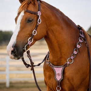 Puede incluir: Un caballo alazán con brida y petral de cuero marrón oscuro. El equipo presenta herrajes circulares plateados, detalles florales de cristal rosa y una pechera de cuero rosa con tachuelas plateadas y una flor de cristal a juego.