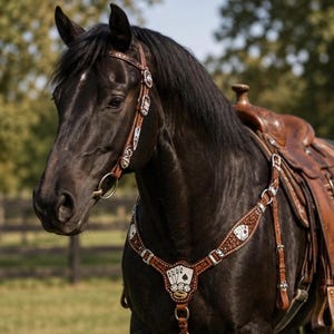 Conjunto de arreos de cuero pintados a mano para caballo, cabezada de casino, pechera con brillos
