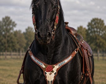 Puede incluir: Un caballo negro con una silla de montar western de cuero marrón, brida y petral a juego. El equipo presenta motivos de rosas, detalles en piedra turquesa y un diseño central de cráneo de toro blanco en el petral.