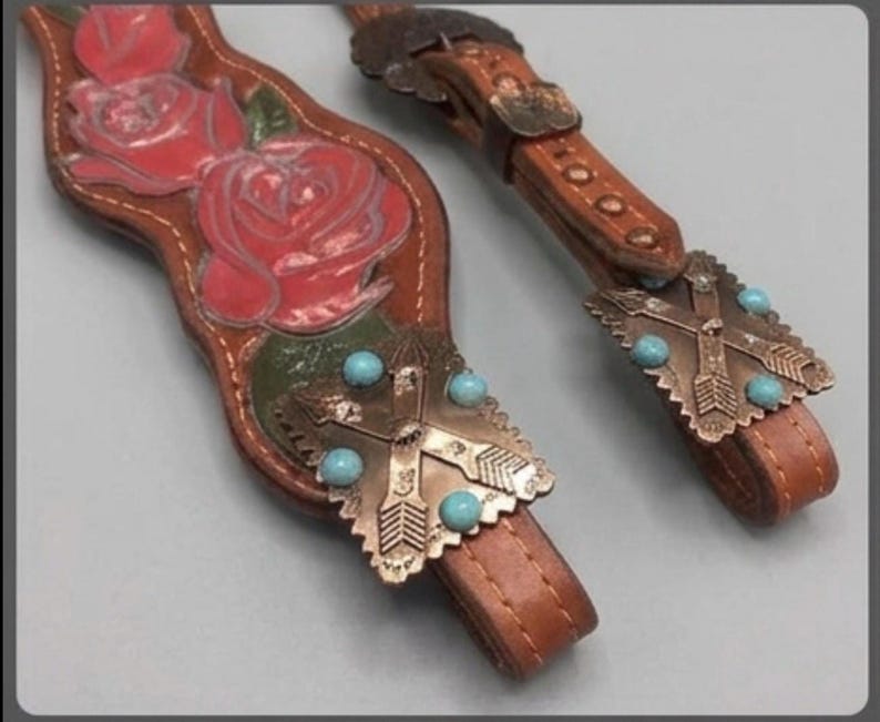 Cow Skull Tack Set turquoise leather, rose breastcollar, hand painted tack, painted skull bridle, parade horse tack, unique horse tack
