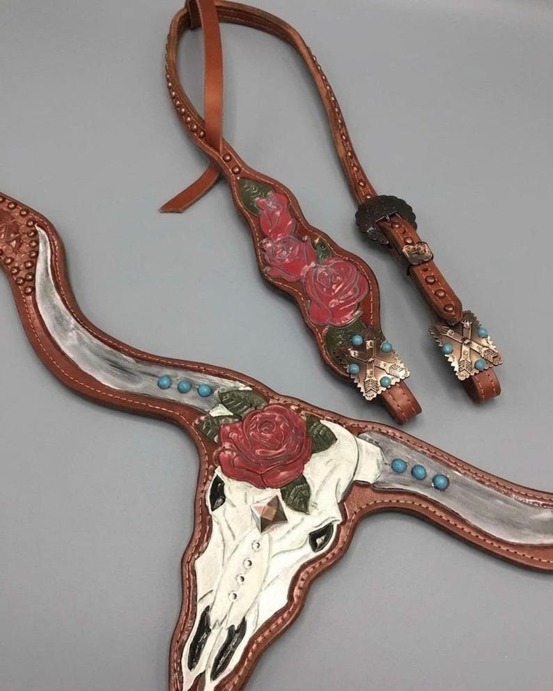 Cow Skull Tack Set turquoise leather, rose breastcollar, hand painted tack, painted skull bridle, parade horse tack, unique horse tack