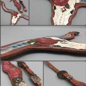 Cow Skull Tack Set turquoise leather, rose breastcollar, hand painted tack, painted skull bridle, parade horse tack, unique horse tack