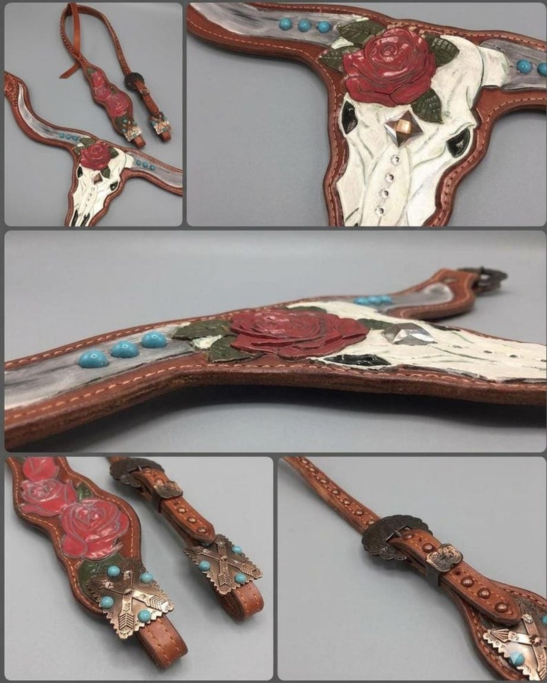 Cow Skull Tack Set turquoise leather, rose breastcollar, hand painted tack, painted skull bridle, parade horse tack, unique horse tack