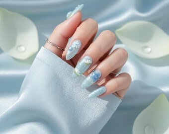 Blue Floral Press On Nails – Handmade Style Almond Nails, Elegant Light Blue Flower Design, Reusable False Nails, Spring Summer Nail Set
