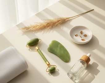 Naturlig jade-roller för ansiktsmassage | Äkta Gua Sha-verktyg för hudvård | Wellness-skönhetskit för självvård