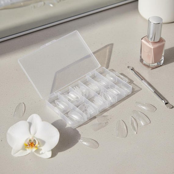 120 Clear Press On Nail Tips – Full Cover Nail Extensions Kit, Almond Stiletto Coffin Square Fake Nails, Gel Builder Nail Tips Set