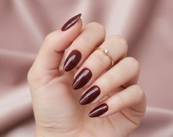 Press On Nails | Deep Burgundy Glossy | Almond Shape | Handmade Gel Nails | Dark Red Nails | Aesthetic Nail Set | Custom Press Ons